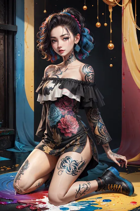 a woman with tattoos sitting on a rug in a room