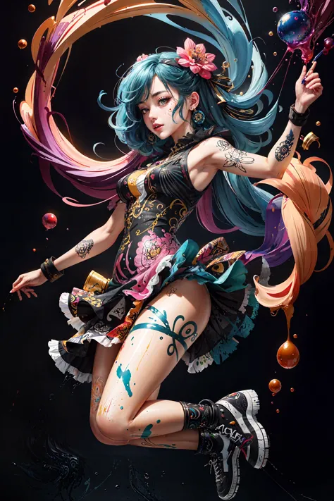 a woman with blue hair and tattoos is holding a wand