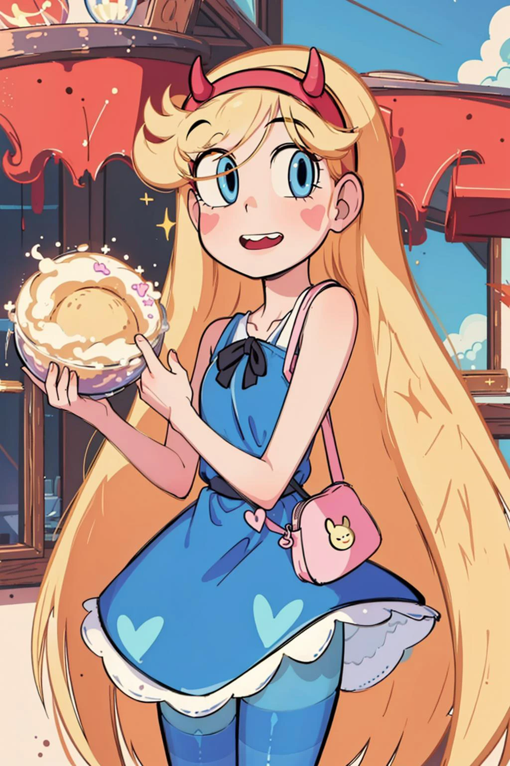 (masterpiece, best quality, high resolution:1.4), 1girl, woman, star butterfly, happy, cloud outfit,pouch, horn_hairband, looking at viewer, pantyhose 