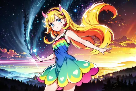 (star butterfly:1), star vs. the forces of evil,  (horn hairband:1), (hearts on cheeks:1),(dress), (rainbow outfit:1), (knee len...