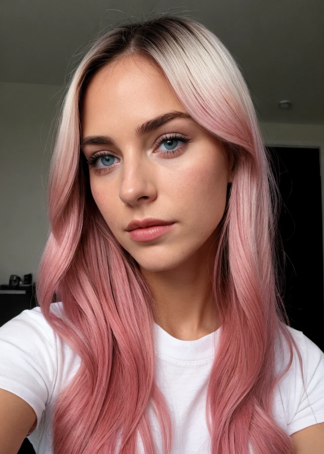 aufgenommen mit der iPhone-Kamera BREAK, halbnahes Selfie einer hübschen jungen Frau BREAK (Ombre:1.3) blond rosa BREAK Filmkorn, mittlere Qualität