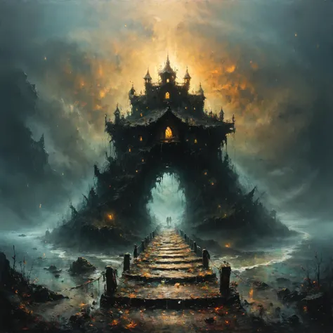 a painting of a castle on a dark cliff with a light shining