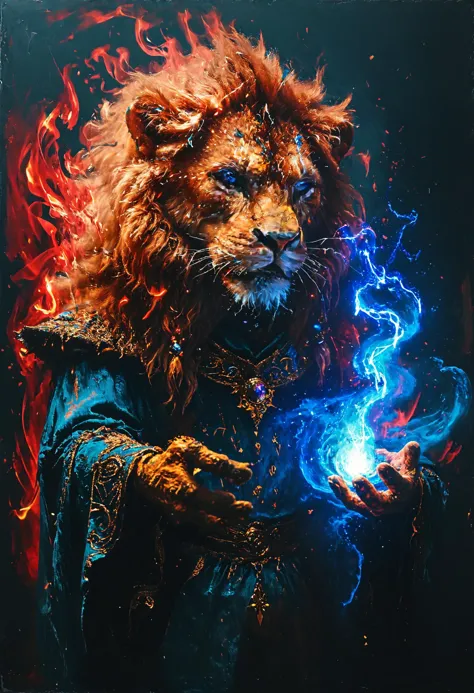 anthropomorphic Lion warlock casting a spell, <lora:Disturbia:0.6>, <lora:MJ52:0.8>, Flickering light, <lora:blacklight_makeup_v...