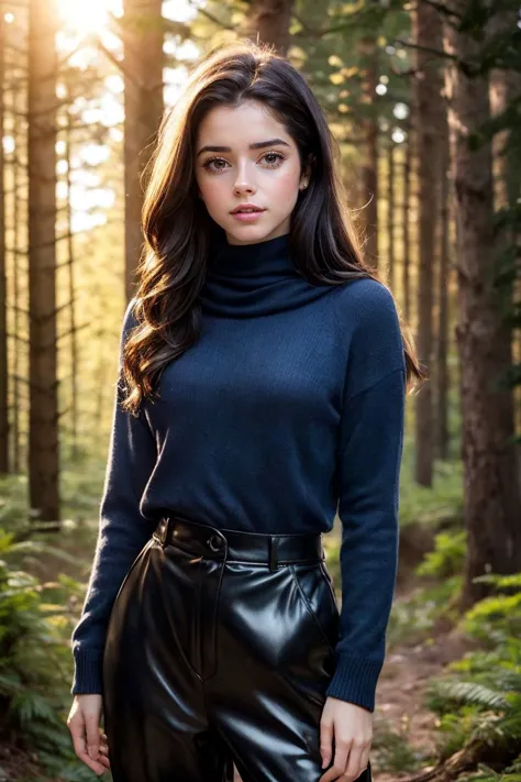 photo of S386_MadalenaAragao,a stunning woman,in a (forest:1.1),wearing a (cowlneck:1.1),(leather-pants),(sunset),(4k, RAW photo, best quality, 50mm, depth of field, ultra high res:1.1),(intricate, photorealistic, cinematic-shot, masterpiece, ultra-detailed:1.1),