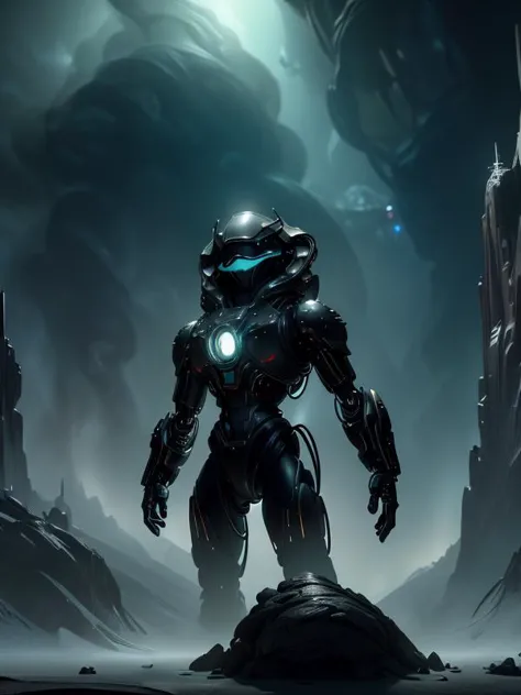 a man in a futuristic suit standing on a rock in front of a giant alien creature