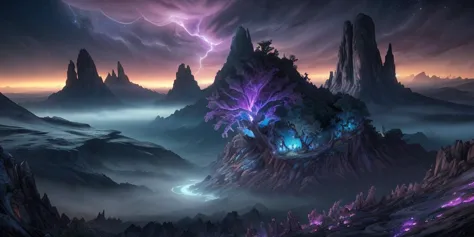 a mountain with a purple light shining on it and a purple sky