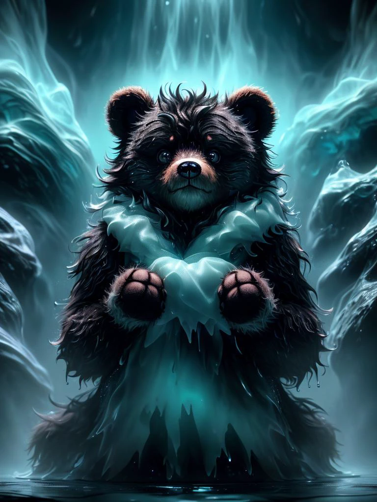 (UHD:1.1), (detailed background visible:1.2),
close up of (cute:0.90) wet teddy bear, wet fur,,
 abyssaltech , dark energy, ethereal, dissolving, see-through, abyss, 
(Style: subsurface scattering, (pui), analog style, realistic, film photography, highres photo, cinematic Lighting, trending on artstation),(Photorealistic:1.2),
(detailed), sharp, HDR, high quality, good resolution, maximalist, masterpiece,