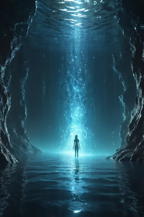 a person standing in a cave with water and light coming from the bottom