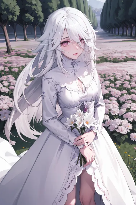 portrait, standing, chiara, white hair, featers, white nightgown, looking at viewer, (flowerfield scenery:1.2), flowers, 