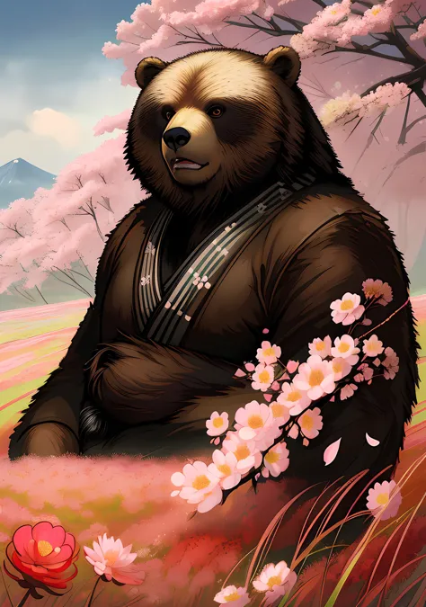 painting of a bear in a kimono outfit in a field of flowers