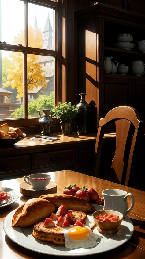 there is a plate of food on a table with a cup of coffee