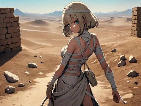 anime girl in a desert scene with a sword and a desert background