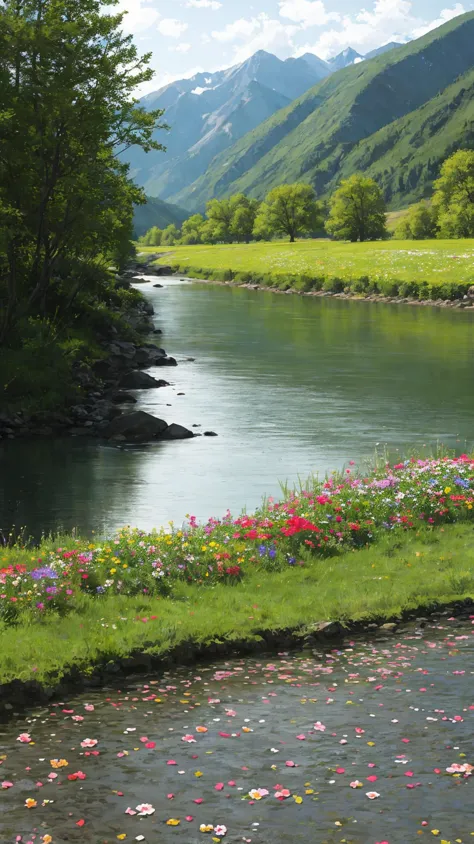 there is a river running through a lush green valley with flowers