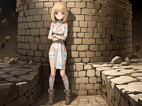 anime girl standing in front of a stone wall with a sword