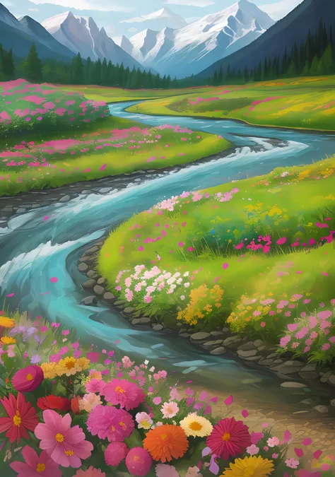 painting of a river running through a lush green valley with flowers