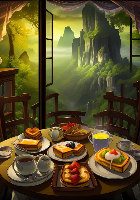 there is a table with breakfast on it with a view of the mountains