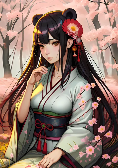 a woman in a kimono sitting in a field of flowers