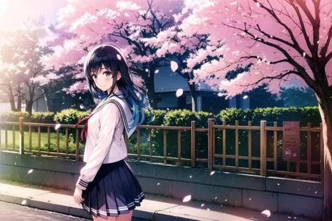 anime girl in a school uniform standing on a sidewalk in front of a tree