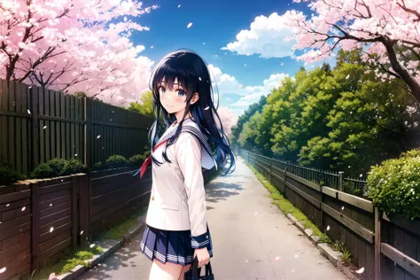 MisakiKurehito,1girl, solo, cherry blossoms, school uniform,  outdoors, tree, serafuku, skirt, railing, long hair, looking at viewer, long sleeves, flower,petals,  pleated skirt, bridge, fence, road, water, blush,  day, smile, spring (season), branch, shirt, from side, blue skirt, blue hair,<lora:MisakiKurehito:0.8>