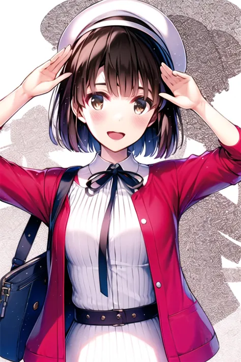 MisakiKurehito,katou megumi, 1girl, solo, bangs, brown hair, hat, bag, white headwear, dress, white background, looking at viewer, simple background, brown eyes, open mouth, short hair, ribbon, jacket, red jacket, black ribbon, blush, open clothes, smile, beret, salute, open jacket, arm behind back, handbag, collarbone, shoulder bag, neck ribbon, long sleeves, :d, upper body, <lora:MisakiKurehito:1>