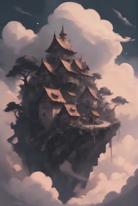 anime, goth, negative space, cloud,sky fantasy village in a tree-top villages<lora:envystarlightgothanime01:1><lora:envystarligh...