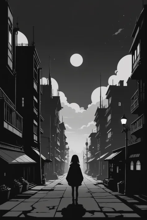 anime, goth, black and white, negative space, cozy scifi town beyond the beginning of the multiverse<lora:envystarlightgothanime...