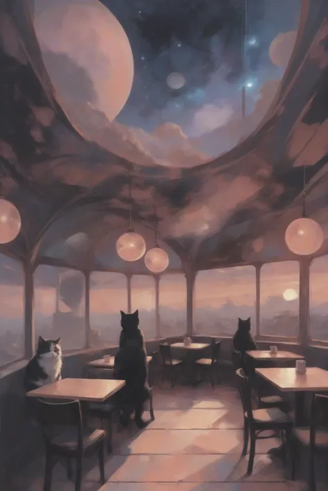 anime, goth, negative space, cat cafe in a gargantuan,Elemental fantasy sky arcology edge of reality, masterpiece<lora:EnvyStarlightGothAnime01:1><lora:EnvyStarlightDream01-Ethereal:1>