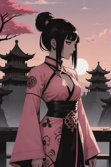 anime, goth, black and white, negative space, golden hour, scenery, "at the Cryptic hypergate",1girl, woman, scifi, traditional Chinese futurism, assassin, full body, wearing outfit, bombshell hair, black hair, hair bun, pink clothes, toned hourglass figure, caucasian<lora:EnvyStarlightGothAnime01:1>