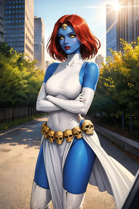 a woman in a blue costume standing in the middle of a street