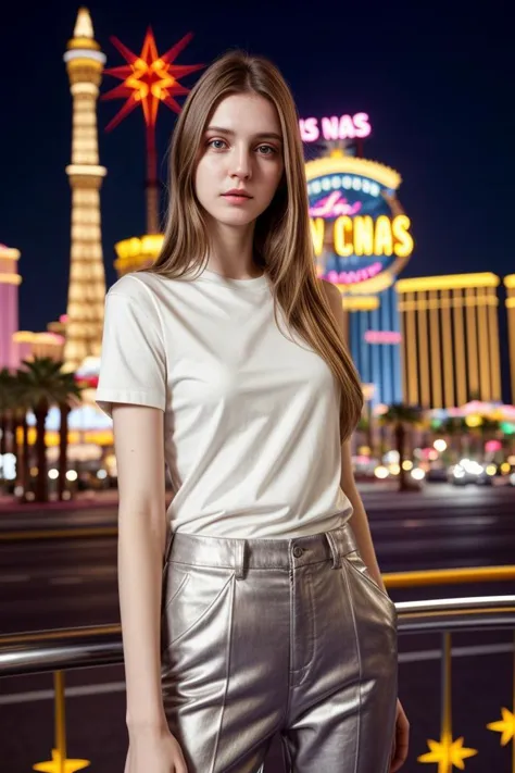 a woman standing in front of a neon sign at night