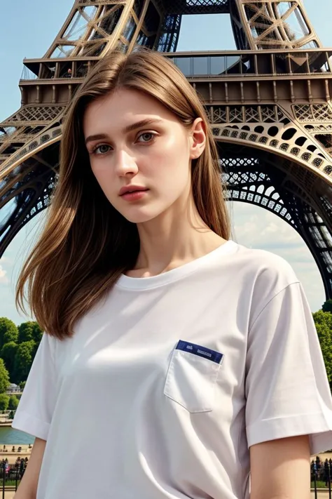 a woman standing in front of the eiffel tower in paris