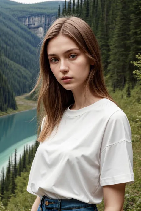 a woman standing in front of a lake in the mountains