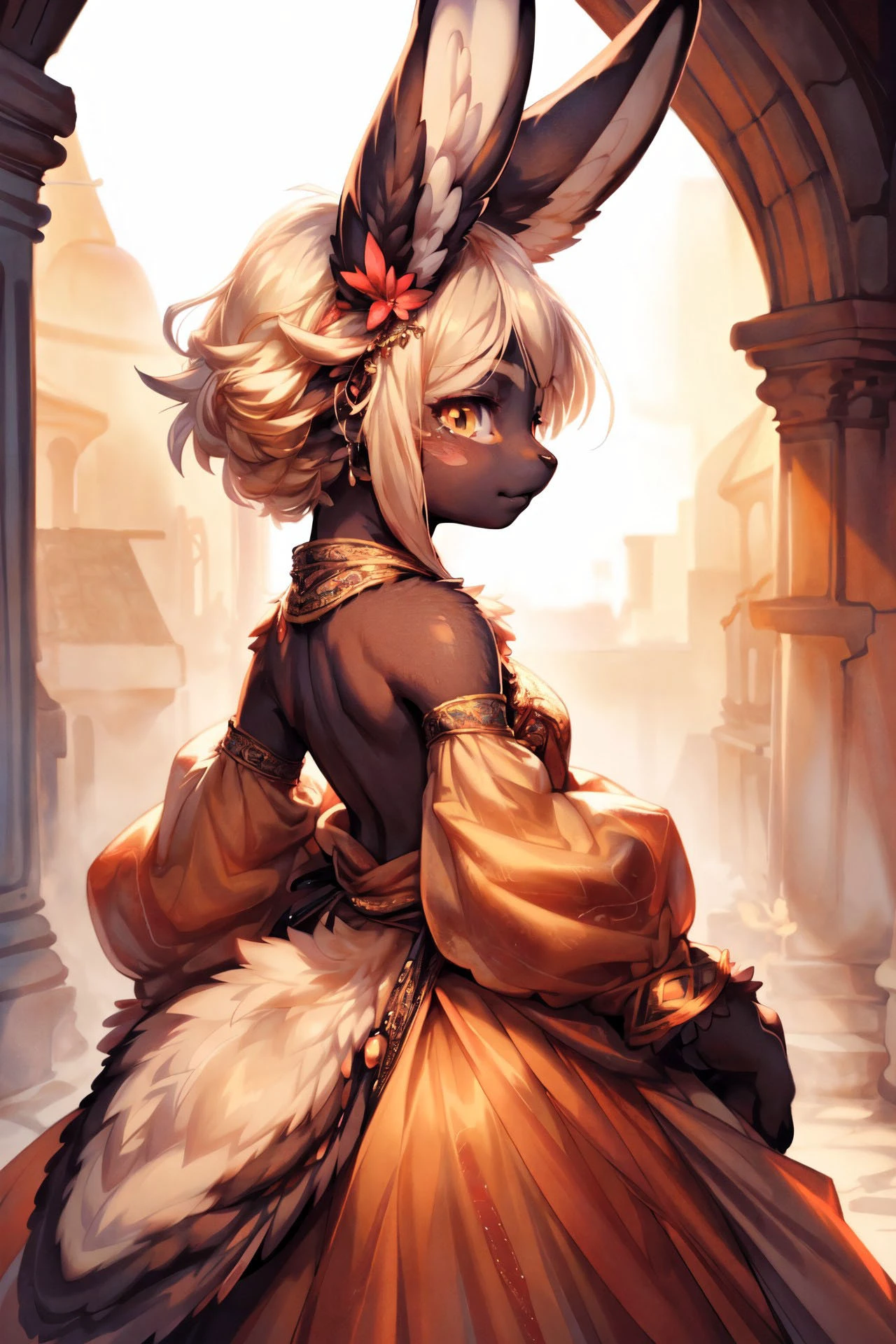 (wildlife photography), masterpiece,
rear view, backside, seen from behind, high angle, solo,
(furry) (anthro) female,  (rabbit), nanachi \(made in abyss\),
(bunny), bilac, brown fur, short hair, brown hair, yellow eyes, suspenders, bandages, rabbit ears, orange pants,
detailed and extremely fluffy body fur, glossy fur, young adult, thick thighs, cute,
hair ornament,
standing, hands on hip,
Mischievous,
bow ribbon,
Butterfly Monarch Gown, Flowing gown in vibrant hues mimicking butterfly wings, delicate patterns and wing-shaped sleeves,
uploaded on e621, by Anixaila, by Youjomodoki, by Demicoeur, by castitas, by darkgem, (by dagasi:0.5), by cotora,
furrycore,
harem outfit,
blackskin,
[star_butterfly, blonde_hair, ],
morning,
eerie Gothic grand cathedral, stained glass windows, god-rays, mist,
Smooth weathered driftwood scattered along the high-tide line,
Enchanted Suit of Armor, suit of armor adorned with enchanted symbols,
cinematic composition, hi res, 8k, cinematic lighting, stunningly beautiful, concept art, highly detailed,
masterpiece, best quality, realistic, (intricate:0.9), (high detail:1.4), film photography, sharp focus,