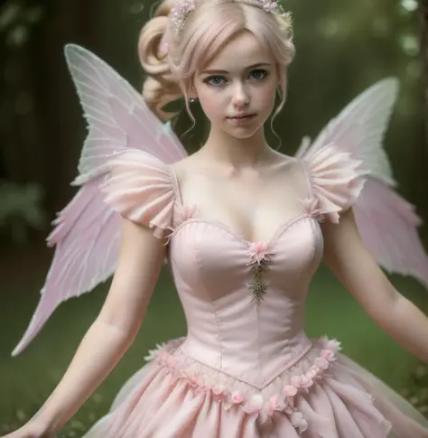 (masterpiece, best quality, high resolution:1.4), 1girl, fairy wings dress pink, hair blonde, hd , photography, movie, cinematic...