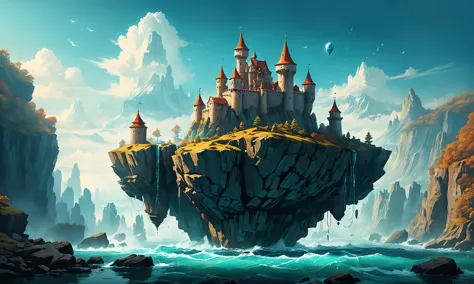 Beautiful detailed digital illustration of a Floating fortress on magical levitating rocks <lora:NicolaSamori:0.7>, <lora:ColorA...