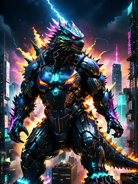 (best quality, masterpiece, colorful, dynamic angle, highest detailed), (8k, photo realistic),
cyberpunk style, triadic colors, cyberpunk setting, cyberpunk city, miniature city,
colossal godzilla shooting fire into sky, 
gigantic, neon accents, metallic, cybernetic, robotic eyes, lightning, atop city, metallic spikes,
nighttime,  ColorART