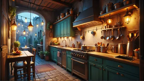 zavy-rmn Quaint kitchen with eclectic charm,, Streetlights, ColorART, sharp focus  Trending on Artstation, HQ, deviantart, art b...