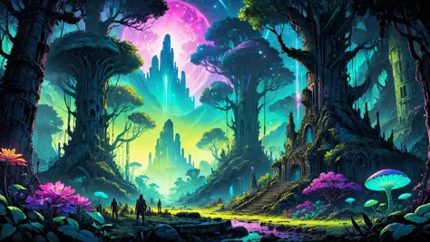 As ruínas de uma civilização alienígena, Bosques encantados vivos com flora senciente ao fundo, ótima iluminação, Iluminação de néon, arte em tinta, arte de linha, ColorART