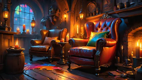 Fireside nook with worn leather armchairs, Gorgeous splash of vibrant paint,, candle light, ColorART, sharp focus, Highly Detail...
