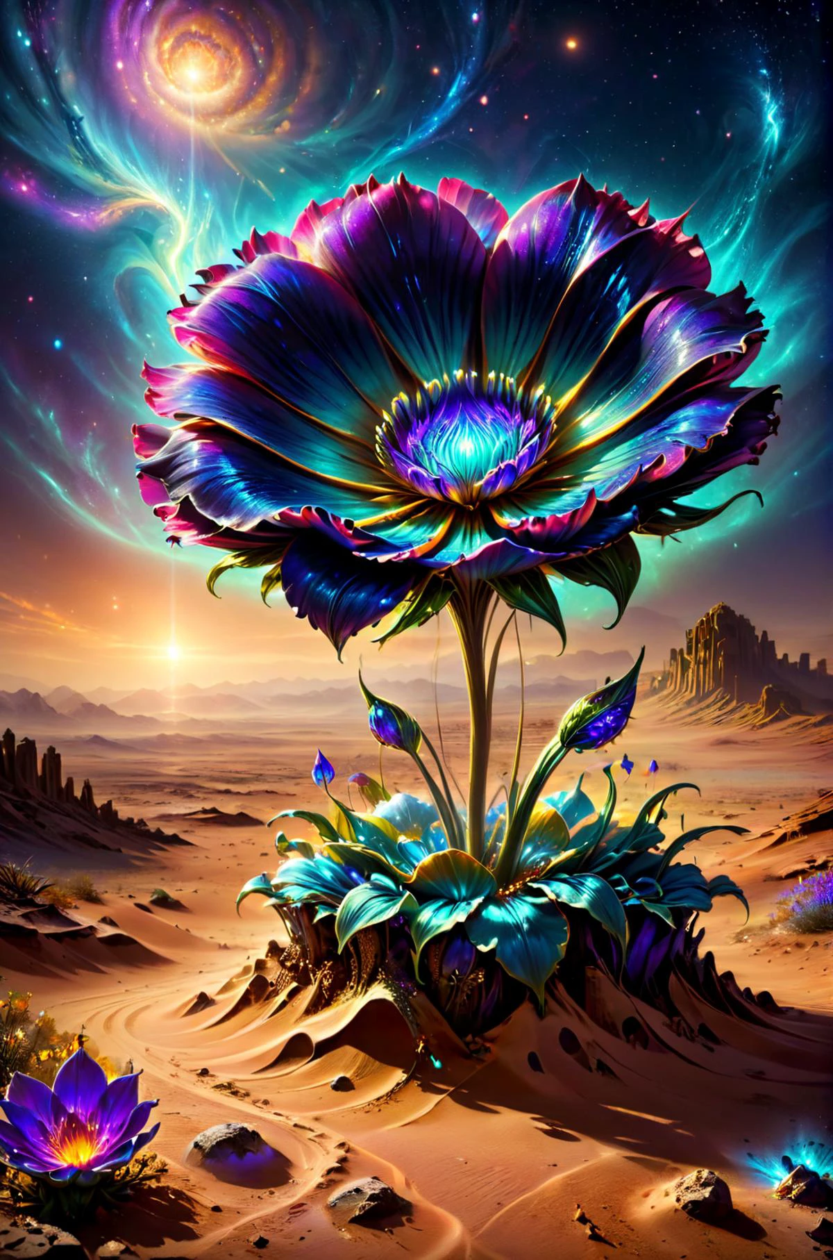 horror-themed ethereal fantasy concept art of  breathtaking a delicate flower growing in the middle of the desert ColorART, colorful alienzkin DonMASKTexXL  , masterpiece, award-winning, professional, highly detailed, magnificent, celestial, ethereal, painterly, epic, majestic, magical, fantasy art, cover art, dreamy, eerie, unsettling, dark, spooky, suspenseful, grim, highly detailed