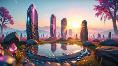photorealistic detailed digital illustration of a circle of standing stones, 8k, Glittering crystal spires piercing the horizon ...