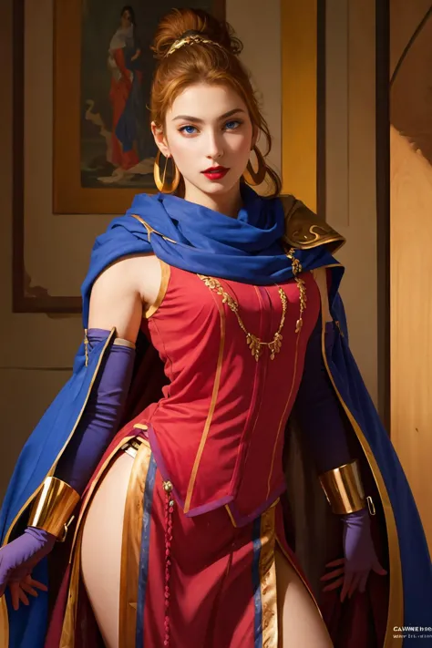 a woman in a red dress and blue cape posing for a picture