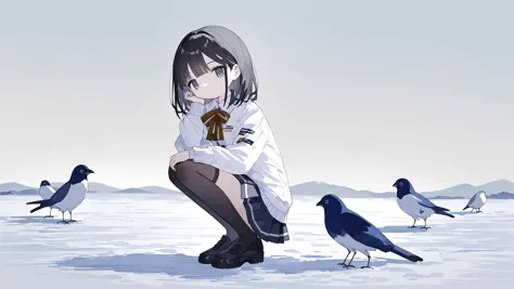 masterpiece,wallpaper,(watercolor pencil),a girl,black hair,winter_clothes,pleated_skirt,black thighhighs,squat,gohei,(pigeon:1....