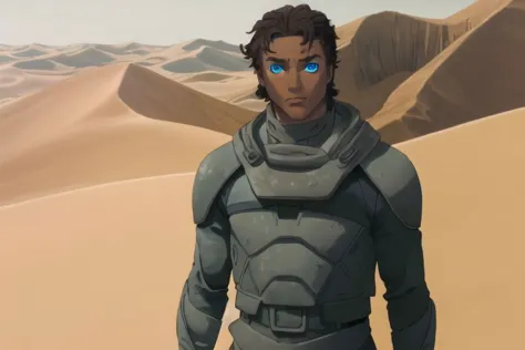 a man in a futuristic suit standing in the desert