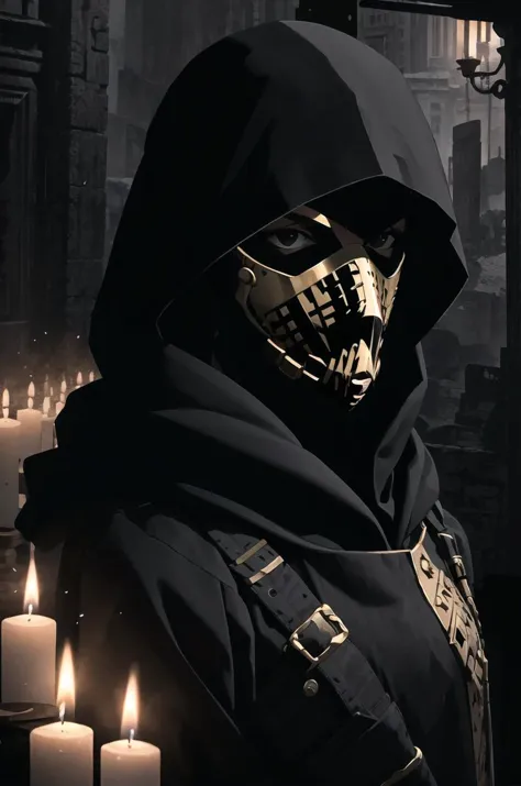 a close up of a person wearing a mask and a hood