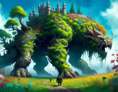 treeback, creature, giant creature, monster, trees, on back, on fourth, 3d, flower meadow, castle ruins