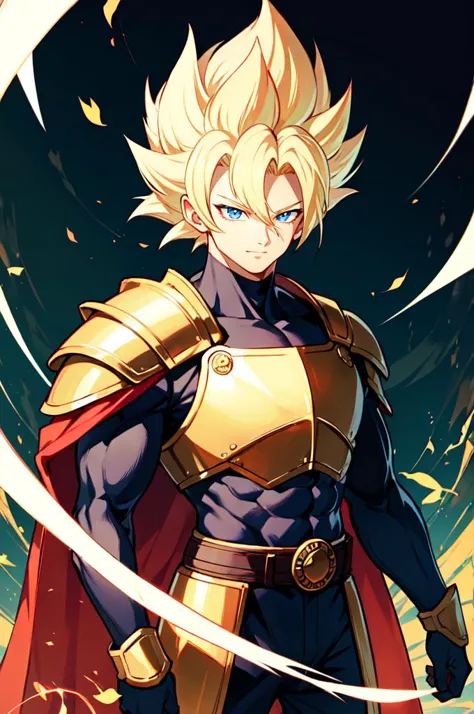 Super Saiyajin, cabelo loiro, Super Saiyajin, cabelo espetado, aura, eletricidade, cabelo longo, absurdos, ultra detalhado, obra de arte, melhor qualidade, estética, detalhado,, Sozinho, sorriso, 1 menino, olhos azuis, medium cabelo loiro, franja separada, ingestão de cabelo, foco masculino, macho musculoso,, armaduras, bengalas, cuirass, manoplas, capa de cintura, torresmos, body preto, sobretudo, faixa de ombro, wing shoulder armaduras, cape, calça,