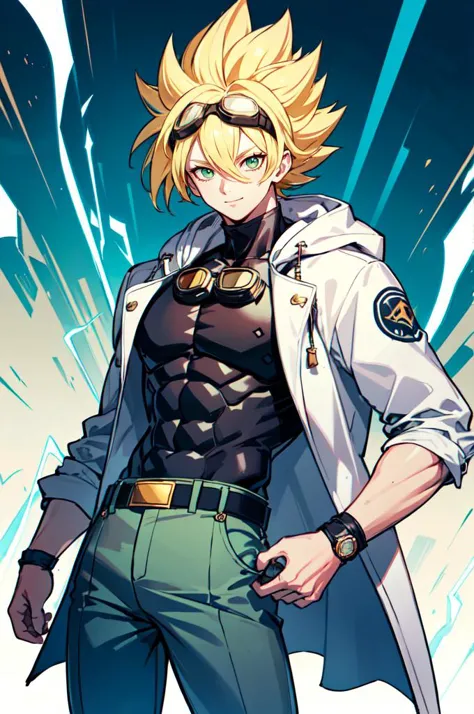 <lora:SuperSaiyanHair:0.5> SuperSaiyan, blonde hair, super saiyan, spiked hair, aura, electricity, long hair goggles on head,, a...