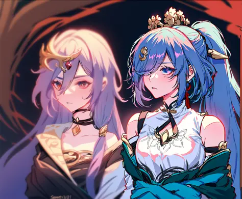 masterpiece, best quality, 2girls, holding hands, looking at another, yuri, hug, looking away,
AND masterpiece, best quality, 2girls, upper body, <lora:senti24:0.85>, senti, long hair, red eyes, hair ornament, chinese clothes, choker, black choker, hair_between_eyes, bangs, looking away, looking at another,upper body,
AND masterpiece, best quality, 2girls, upper body, <lora:fubirb74:0.85>, fubirb, ponytail, blue eyes, hair over one eye, hair ornament, chinese clothes, china dress, bare shoulders, looking away, looking at another, upper body,