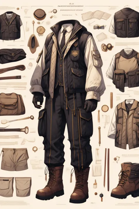 a close up of a person wearing a jacket and pants with a bunch of items